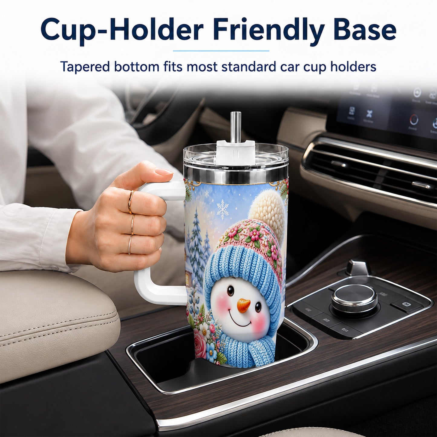 #pl[40oz|White] Snowman Bouquet 40oz Tumbler with Handle, Winter Floral Travel Cup