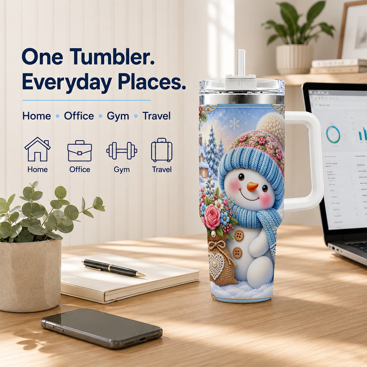 #pl[40oz|White] Snowman Bouquet 40oz Tumbler with Handle, Winter Floral Travel Cup