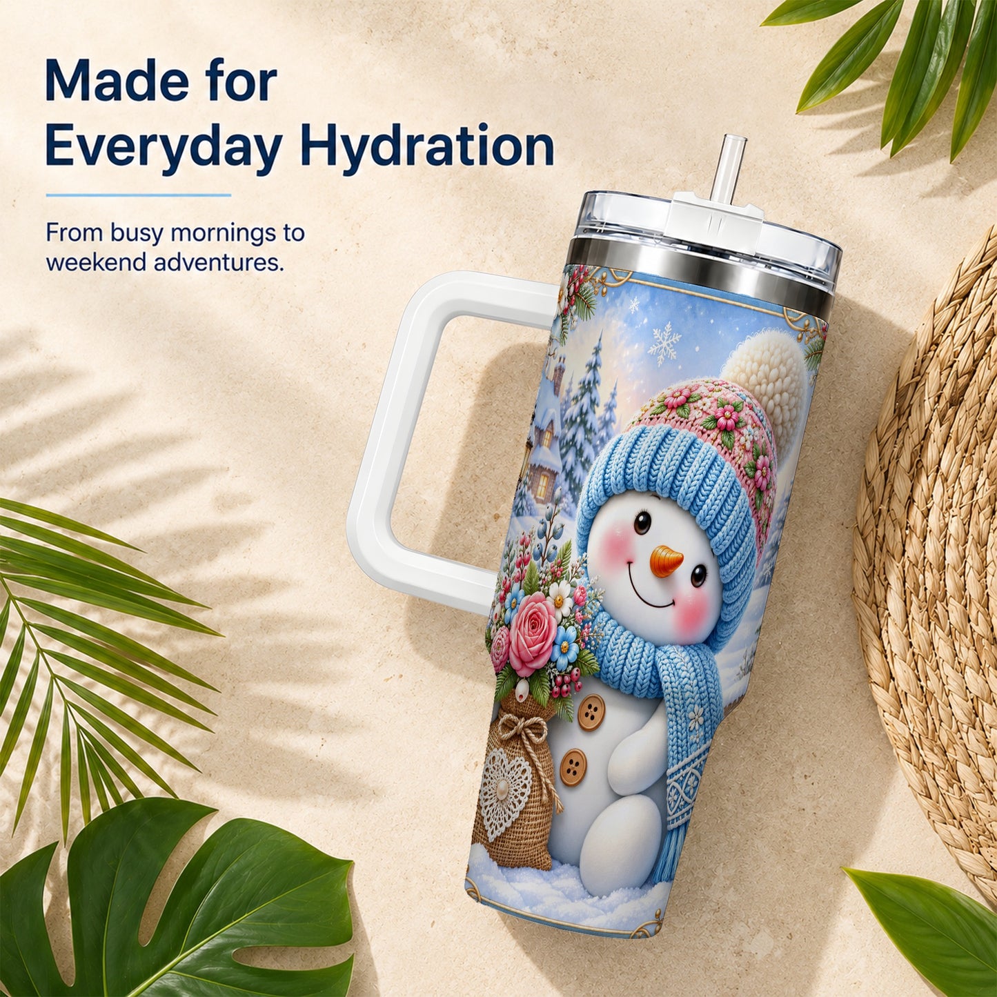 #pl[40oz|White] Snowman Bouquet 40oz Tumbler with Handle, Winter Floral Travel Cup