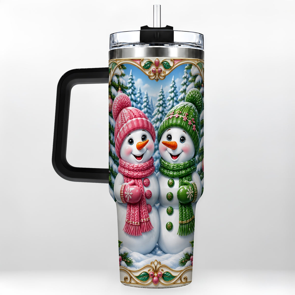 #pl[40oz|Black] Snowman Couple 40oz Tumbler with Handle, Festive Winter Travel Cup