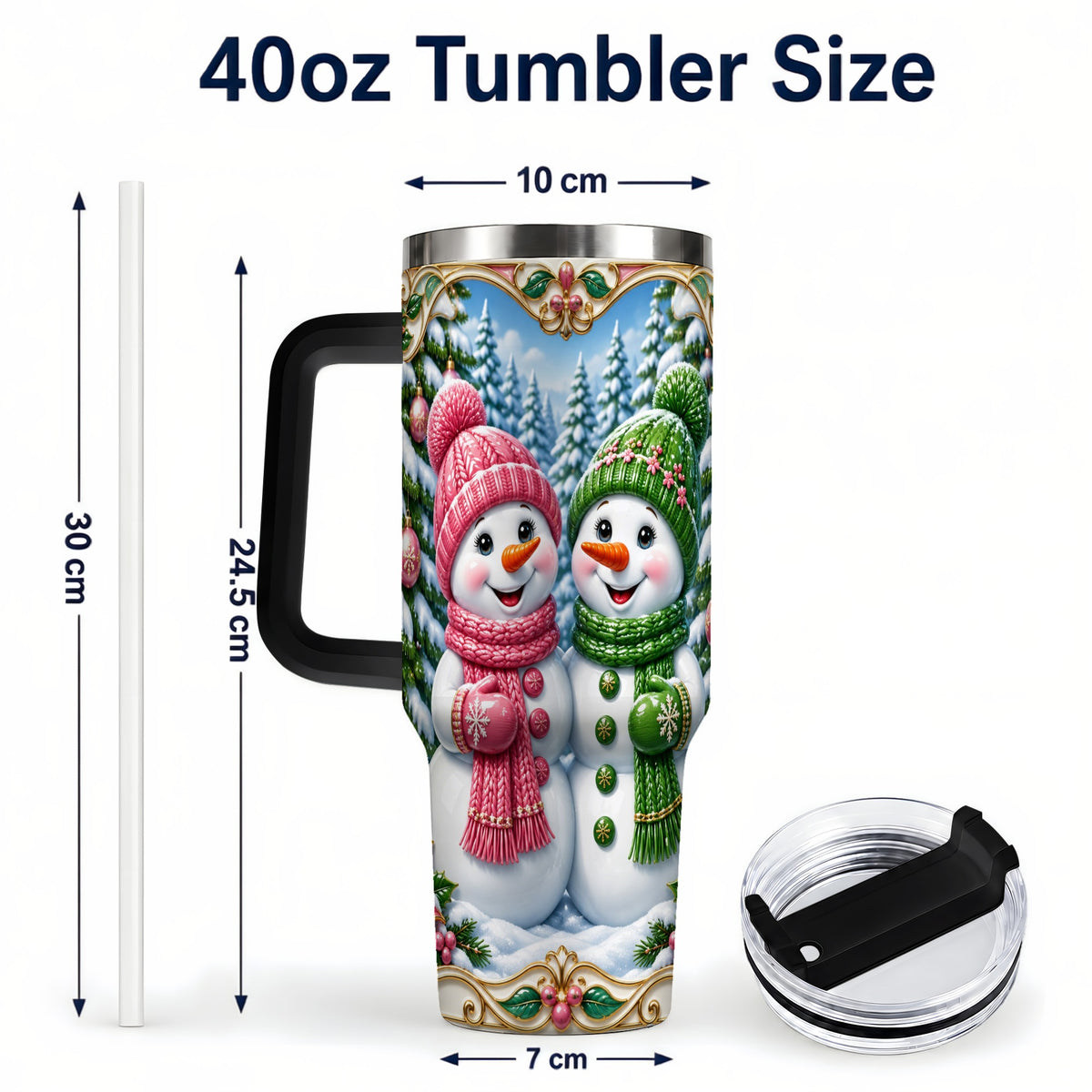 #pl[40oz|Black] Snowman Couple 40oz Tumbler with Handle, Festive Winter Travel Cup