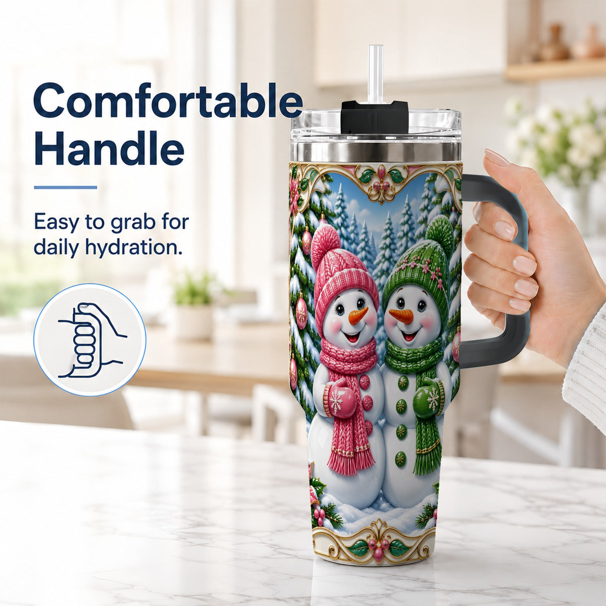 #pl[40oz|Black] Snowman Couple 40oz Tumbler with Handle, Festive Winter Travel Cup