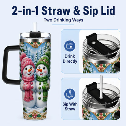 #pl[40oz|Black] Snowman Couple 40oz Tumbler with Handle, Festive Winter Travel Cup
