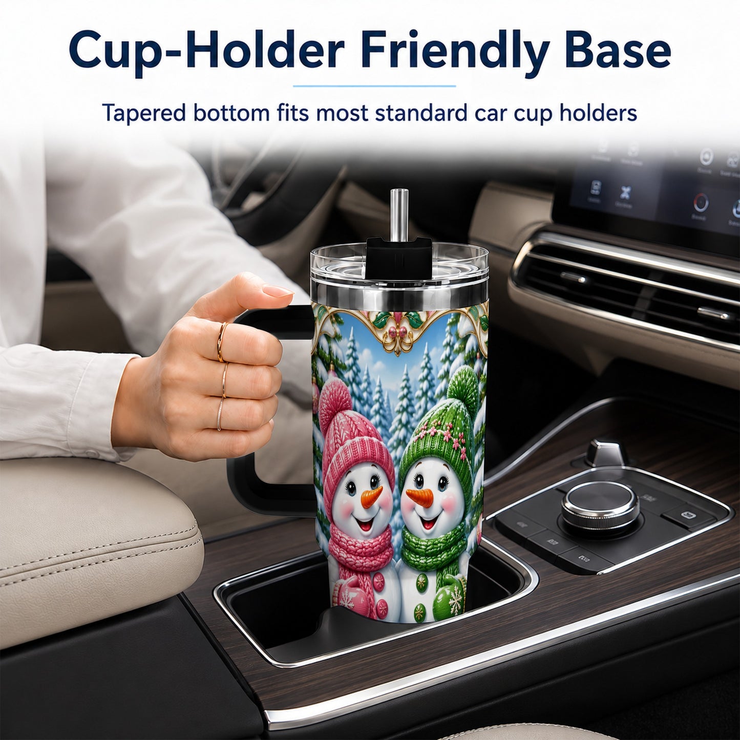 #pl[40oz|Black] Snowman Couple 40oz Tumbler with Handle, Festive Winter Travel Cup