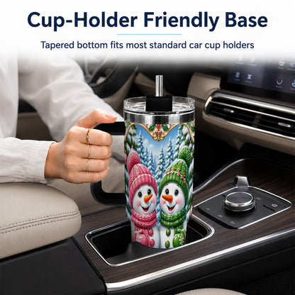 #pl[40oz|Black] Snowman Couple 40oz Tumbler with Handle, Festive Winter Travel Cup