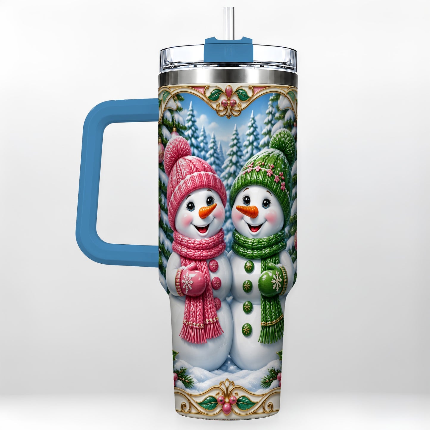 #pl[40oz|Blue] Snowman Couple 40oz Tumbler with Handle, Festive Winter Travel Cup