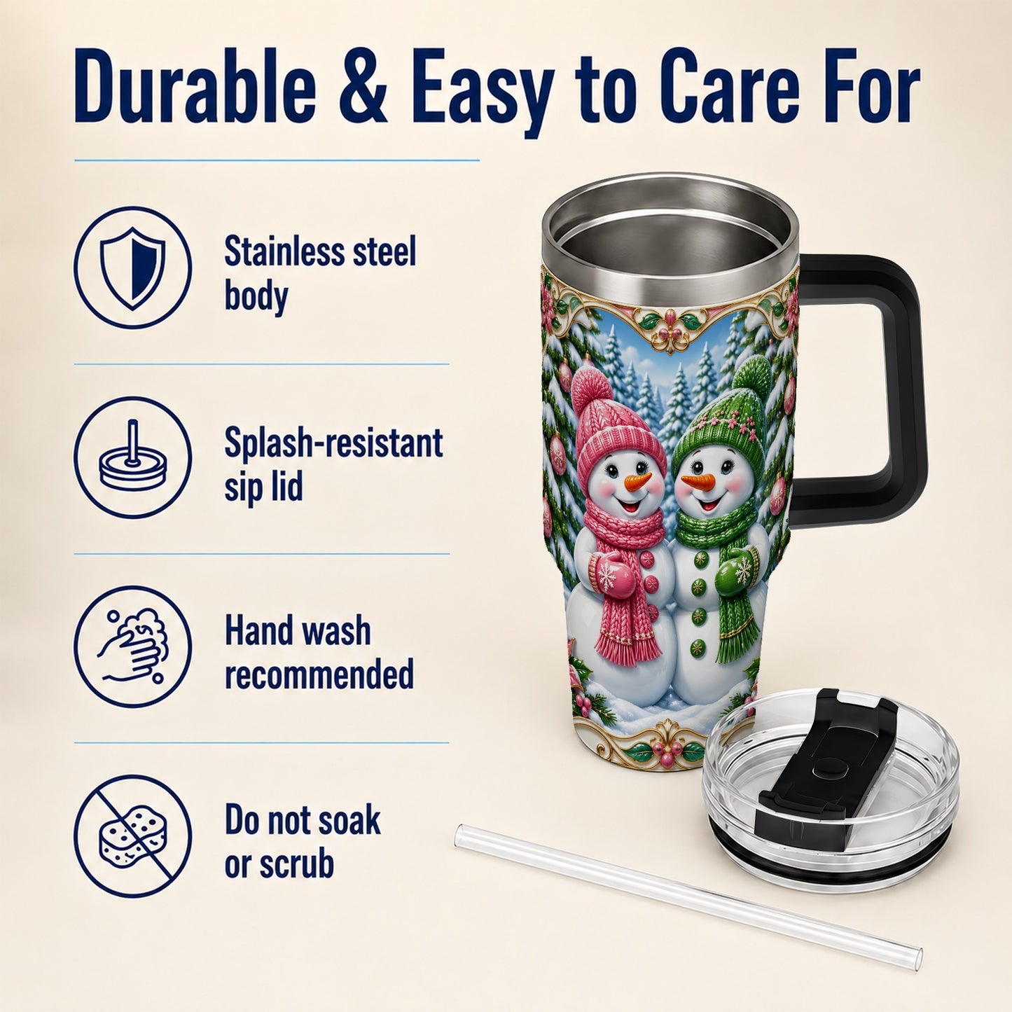 #pl[40oz|Black] Snowman Couple 40oz Tumbler with Handle, Festive Winter Travel Cup
