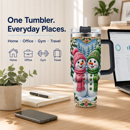 #pl[40oz|Black] Snowman Couple 40oz Tumbler with Handle, Festive Winter Travel Cup