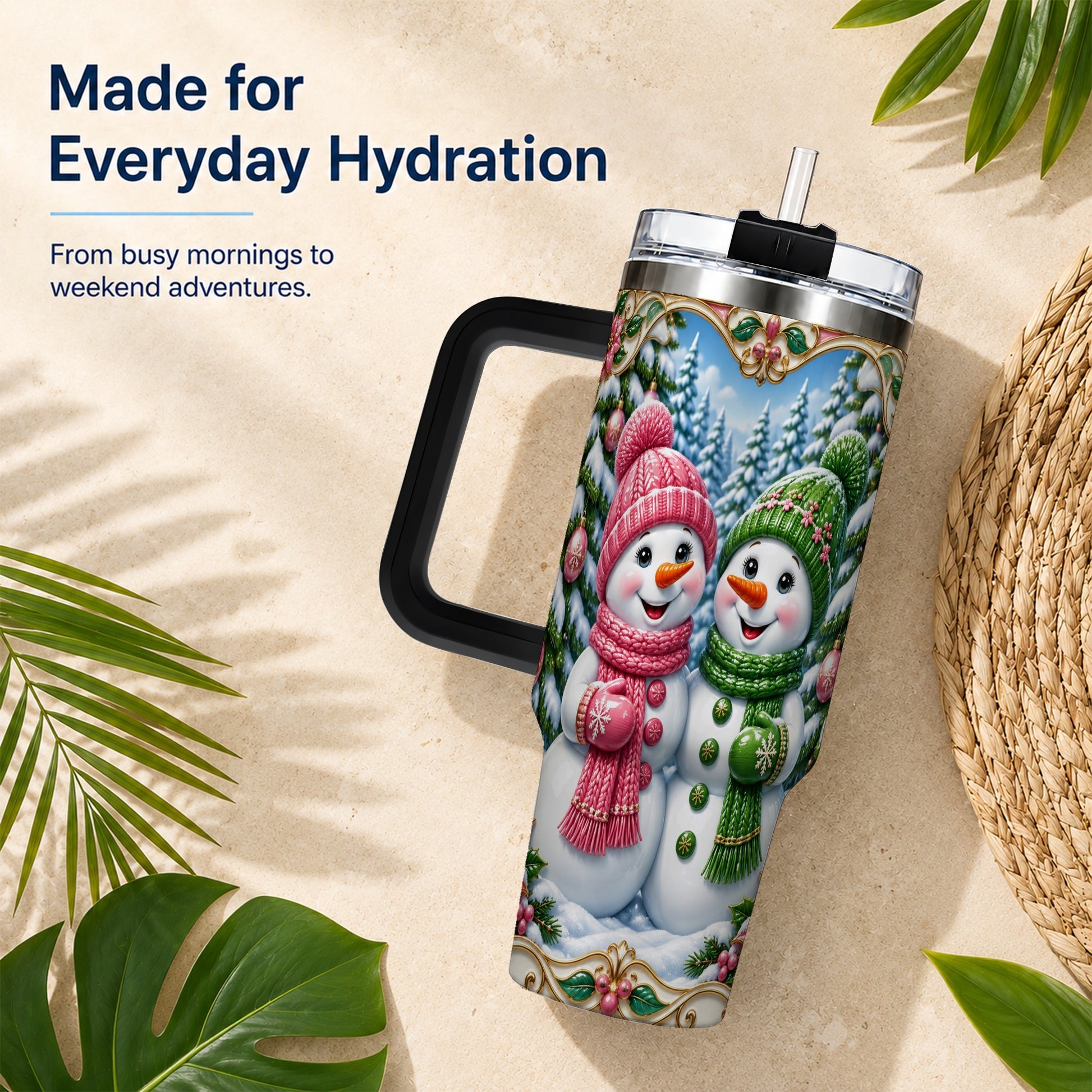 #pl[40oz|Black] Snowman Couple 40oz Tumbler with Handle, Festive Winter Travel Cup