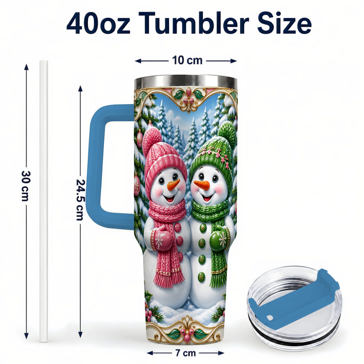 #pl[40oz|Blue] Snowman Couple 40oz Tumbler with Handle, Festive Winter Travel Cup