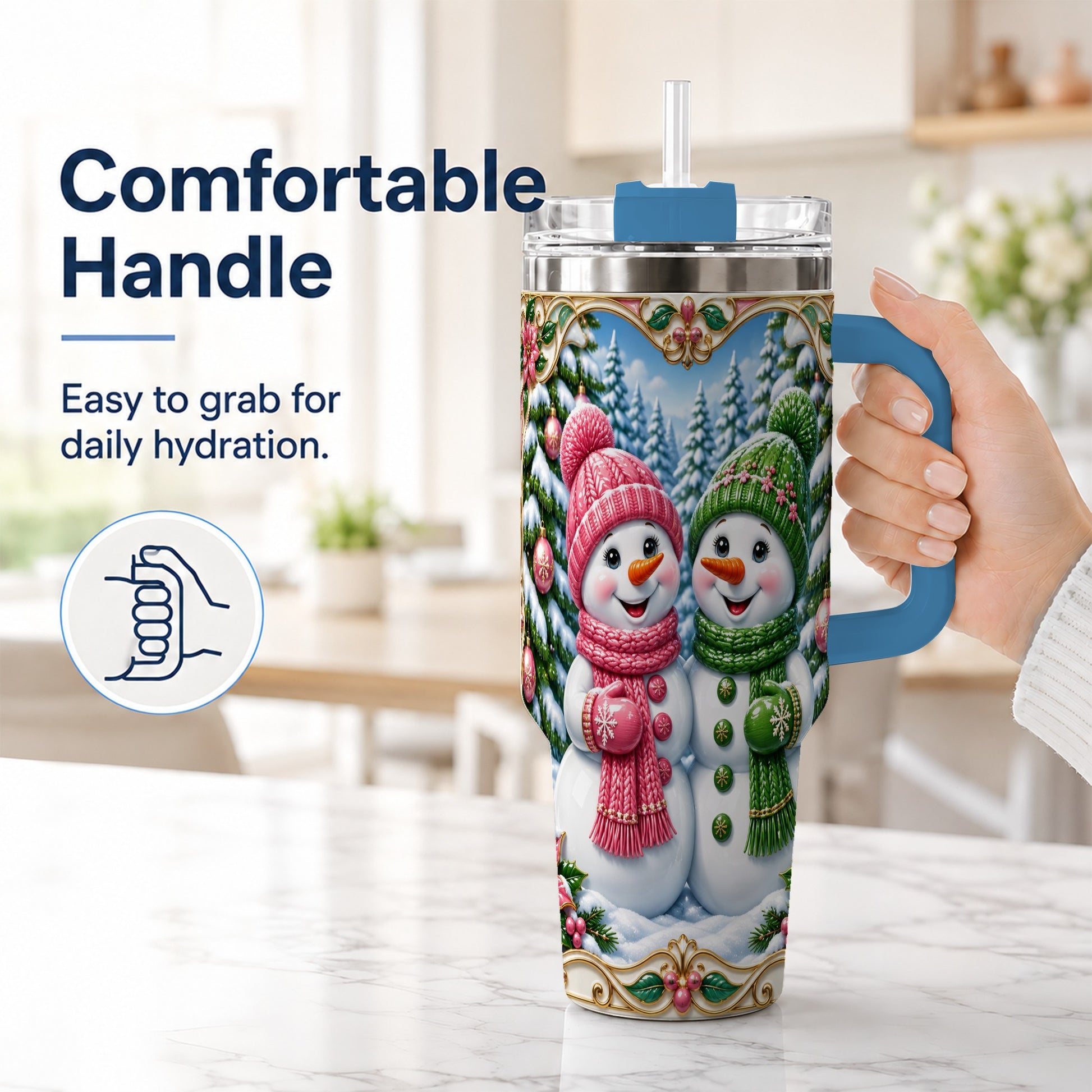 #pl[40oz|Blue] Snowman Couple 40oz Tumbler with Handle, Festive Winter Travel Cup