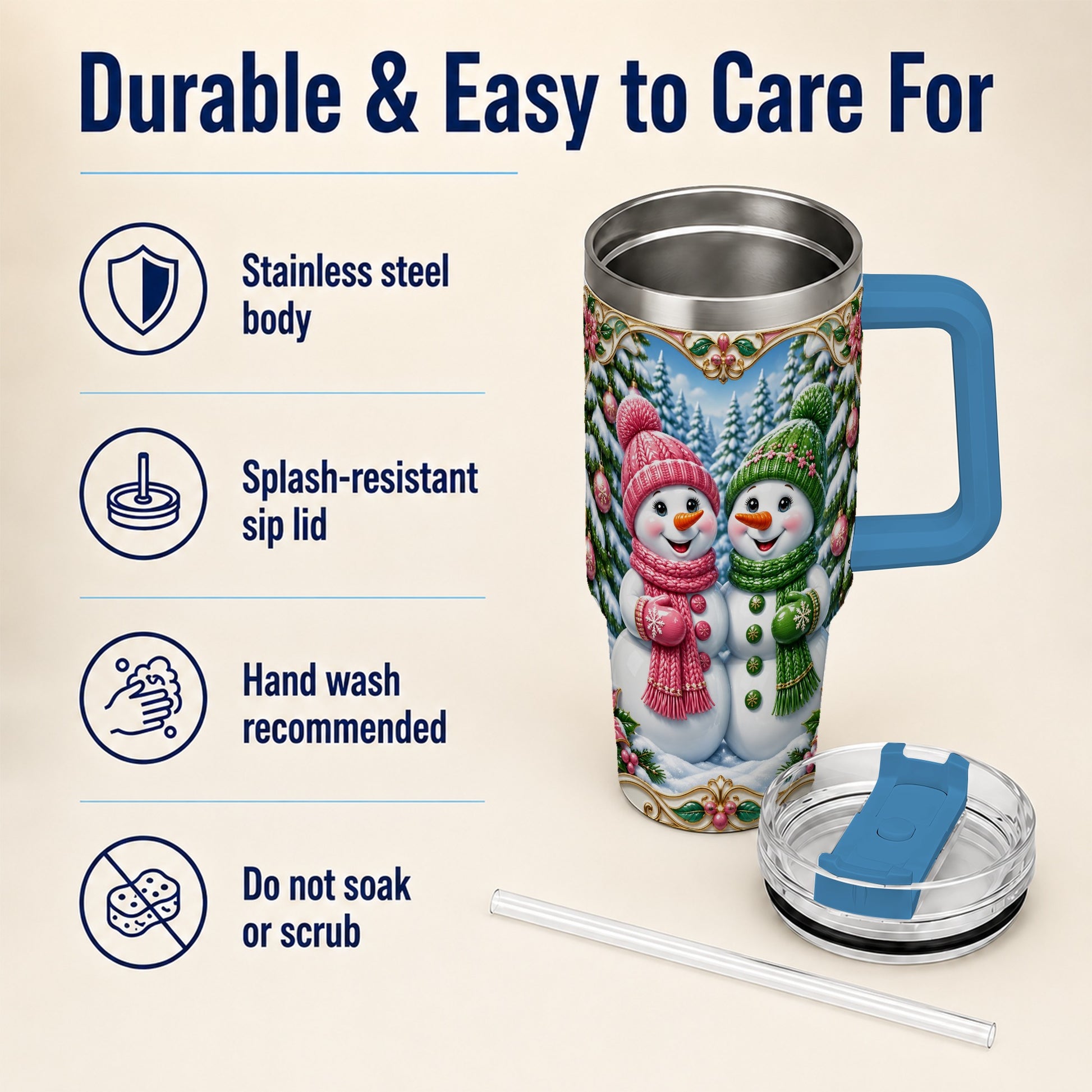 #pl[40oz|Blue] Snowman Couple 40oz Tumbler with Handle, Festive Winter Travel Cup