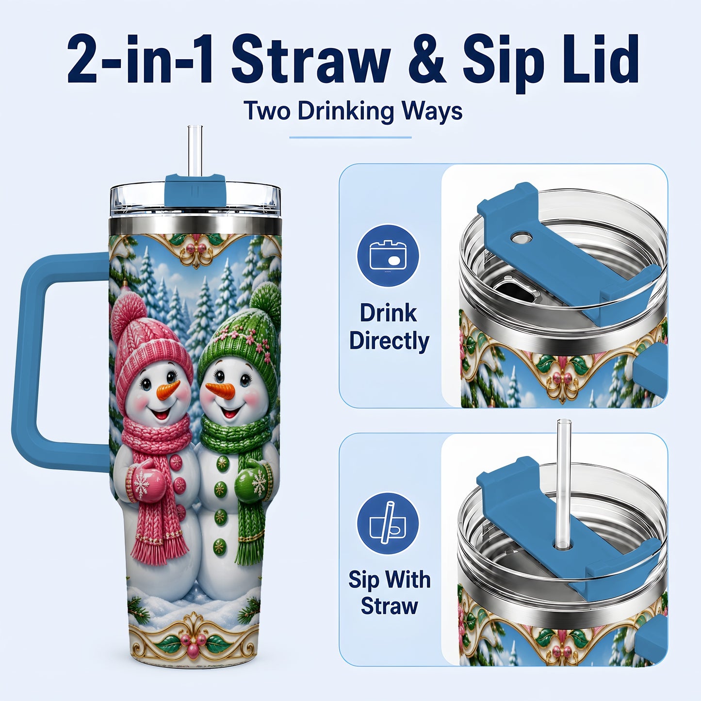#pl[40oz|Blue] Snowman Couple 40oz Tumbler with Handle, Festive Winter Travel Cup