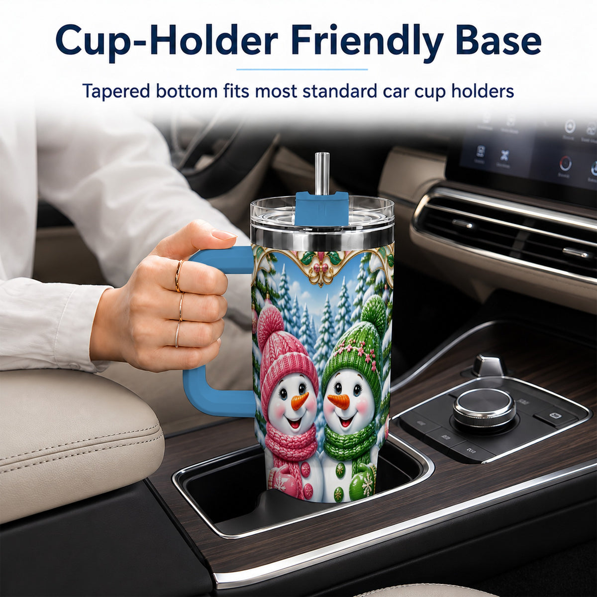 #pl[40oz|Blue] Snowman Couple 40oz Tumbler with Handle, Festive Winter Travel Cup