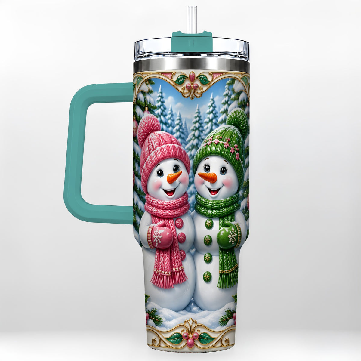 #pl[40oz|Green] Snowman Couple 40oz Tumbler with Handle, Festive Winter Travel Cup