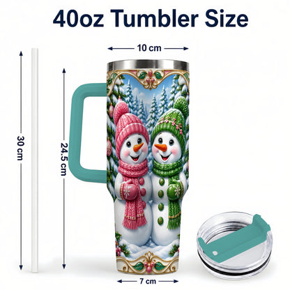 #pl[40oz|Green] Snowman Couple 40oz Tumbler with Handle, Festive Winter Travel Cup