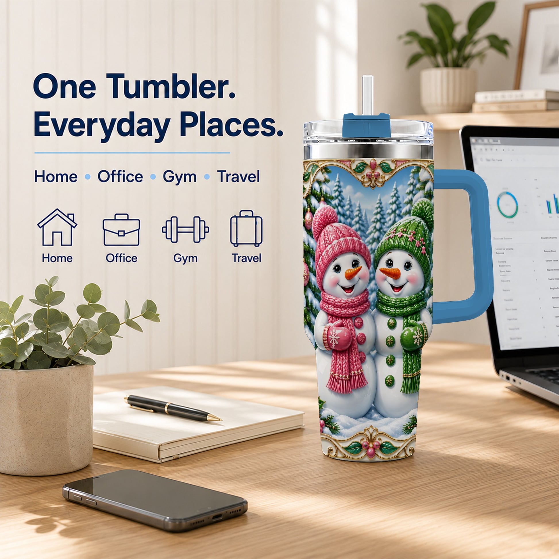#pl[40oz|Blue] Snowman Couple 40oz Tumbler with Handle, Festive Winter Travel Cup