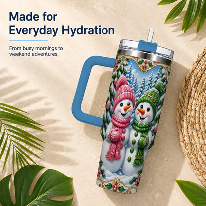 #pl[40oz|Blue] Snowman Couple 40oz Tumbler with Handle, Festive Winter Travel Cup