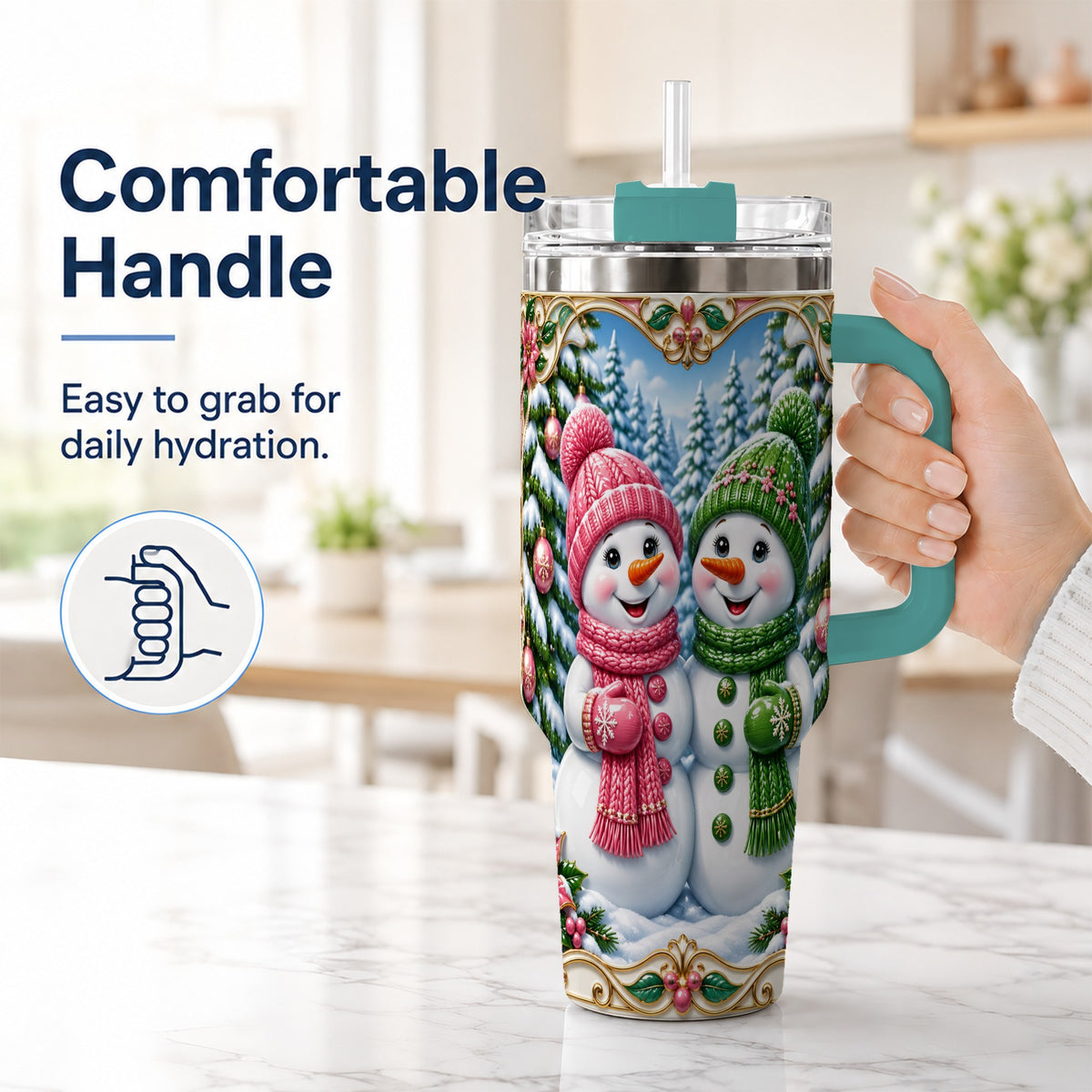 #pl[40oz|Green] Snowman Couple 40oz Tumbler with Handle, Festive Winter Travel Cup
