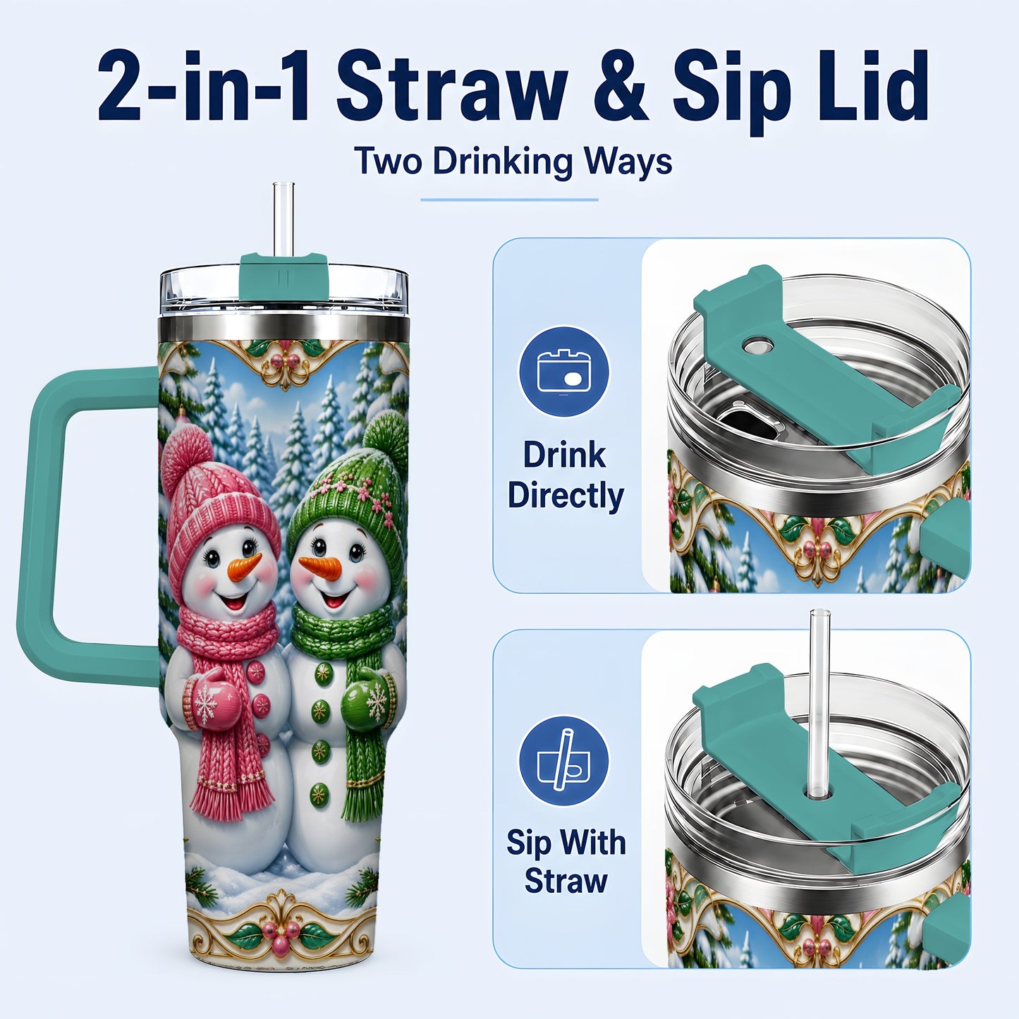 #pl[40oz|Green] Snowman Couple 40oz Tumbler with Handle, Festive Winter Travel Cup