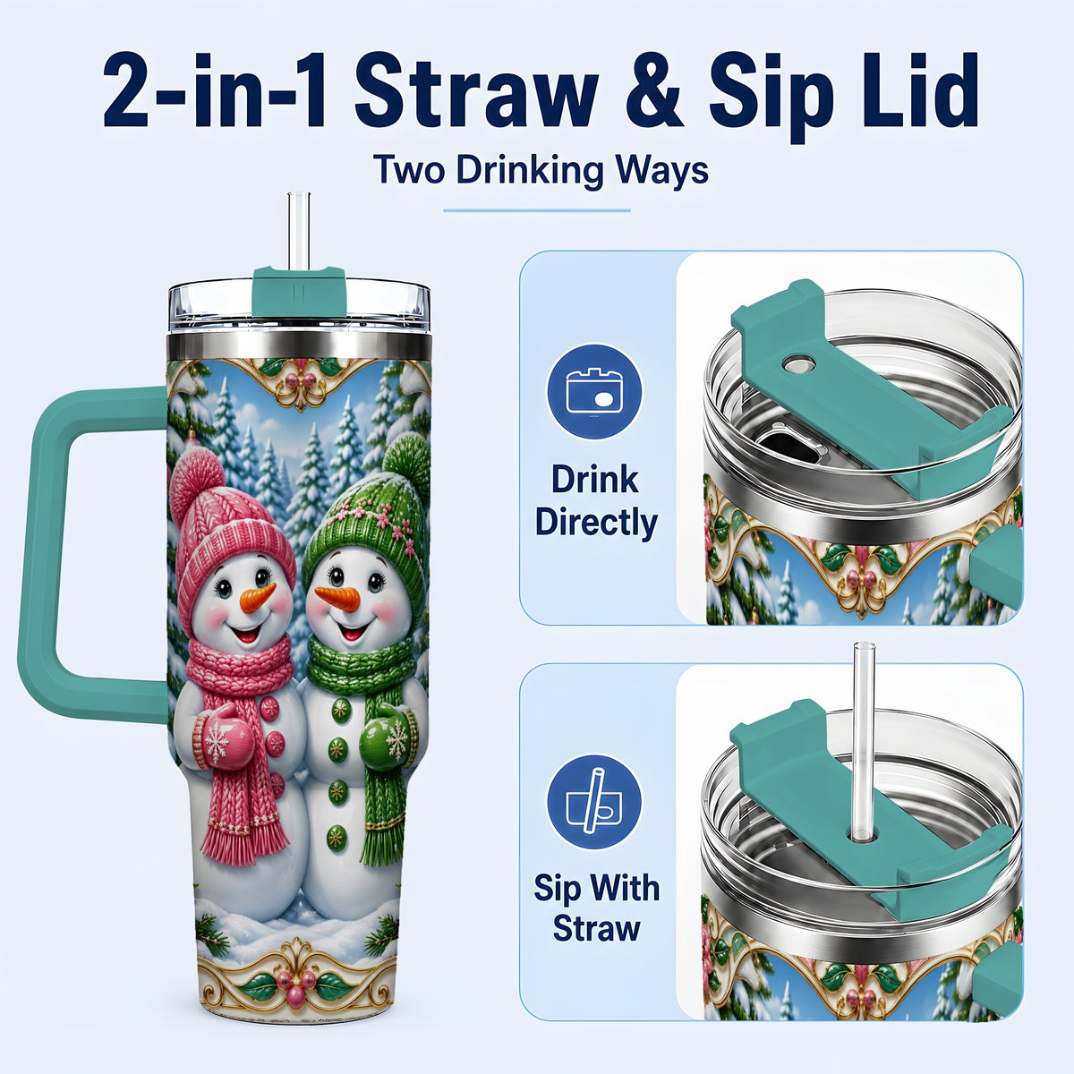 #pl[40oz|Green] Snowman Couple 40oz Tumbler with Handle, Festive Winter Travel Cup