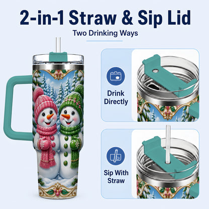#pl[40oz|Green] Snowman Couple 40oz Tumbler with Handle, Festive Winter Travel Cup