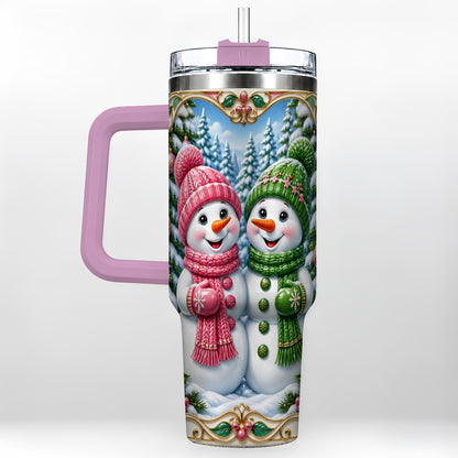#pl[40oz|Pink] Snowman Couple 40oz Tumbler with Handle, Festive Winter Travel Cup
