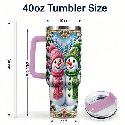 #pl[40oz|Pink] Snowman Couple 40oz Tumbler with Handle, Festive Winter Travel Cup