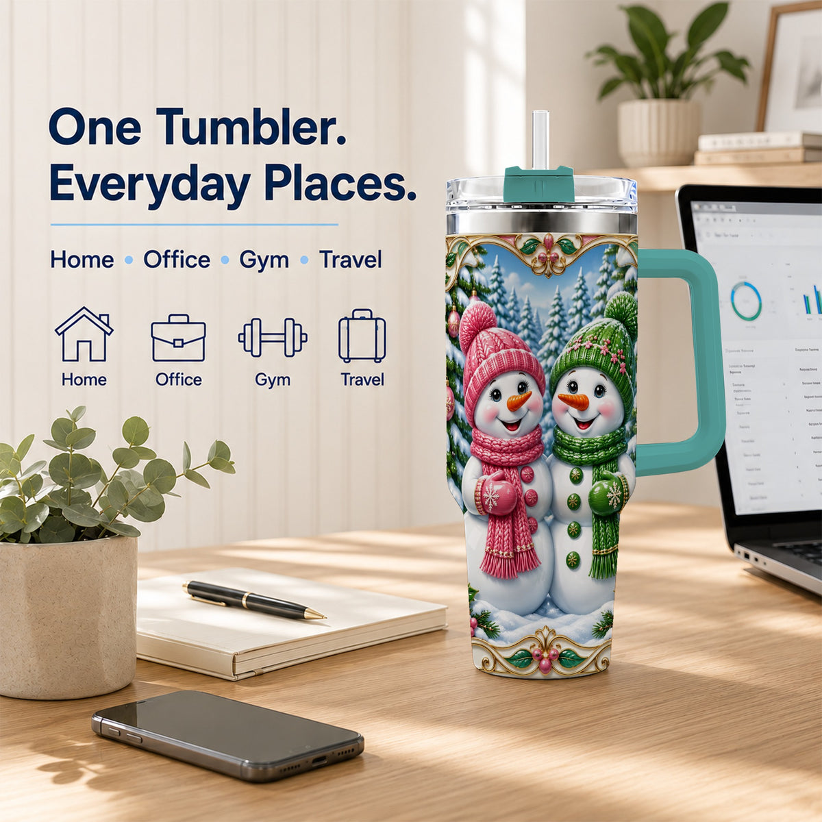#pl[40oz|Green] Snowman Couple 40oz Tumbler with Handle, Festive Winter Travel Cup