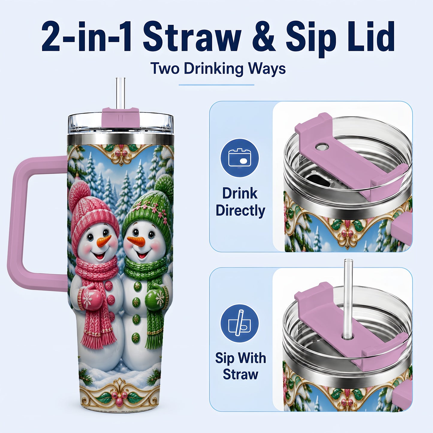 #pl[40oz|Pink] Snowman Couple 40oz Tumbler with Handle, Festive Winter Travel Cup