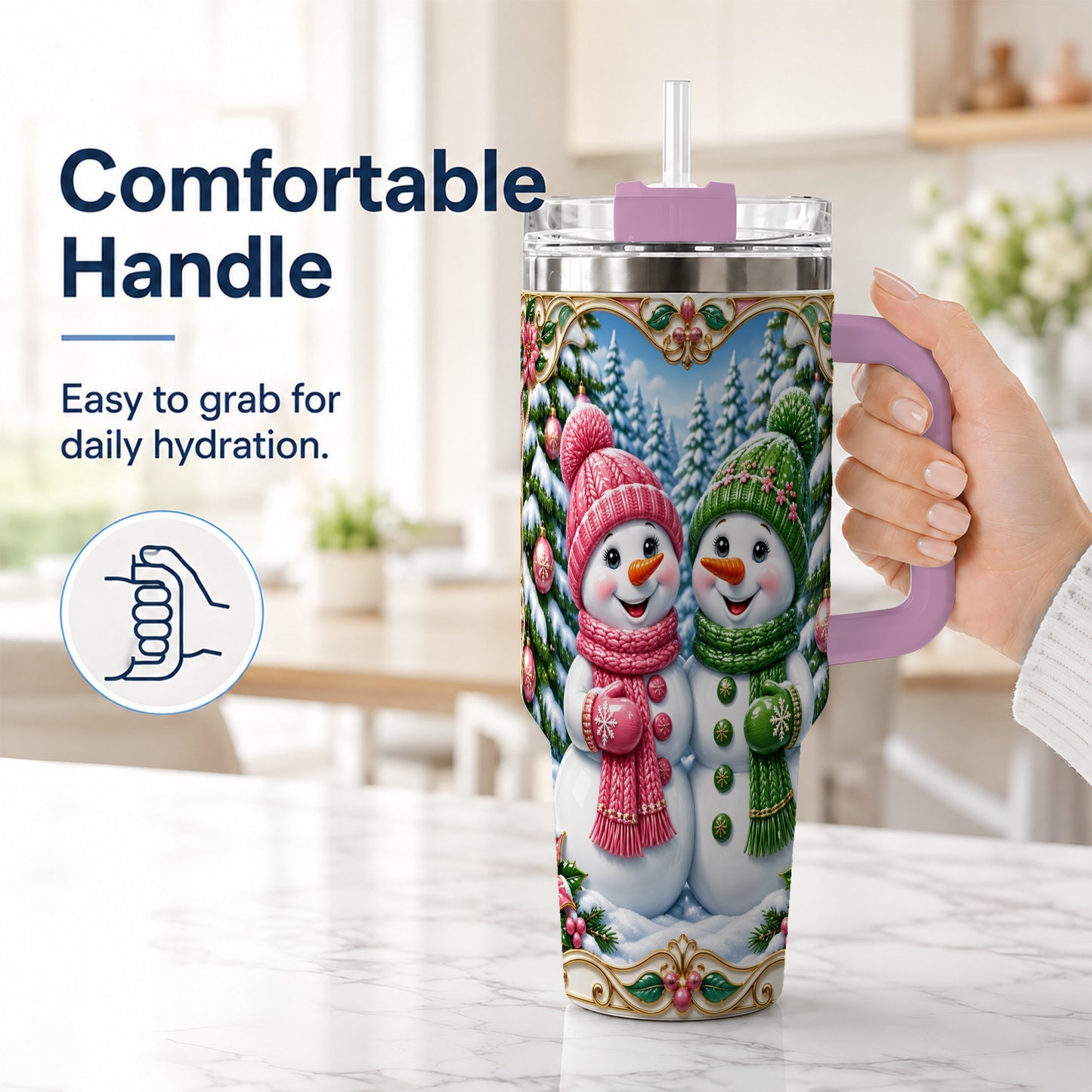 #pl[40oz|Pink] Snowman Couple 40oz Tumbler with Handle, Festive Winter Travel Cup