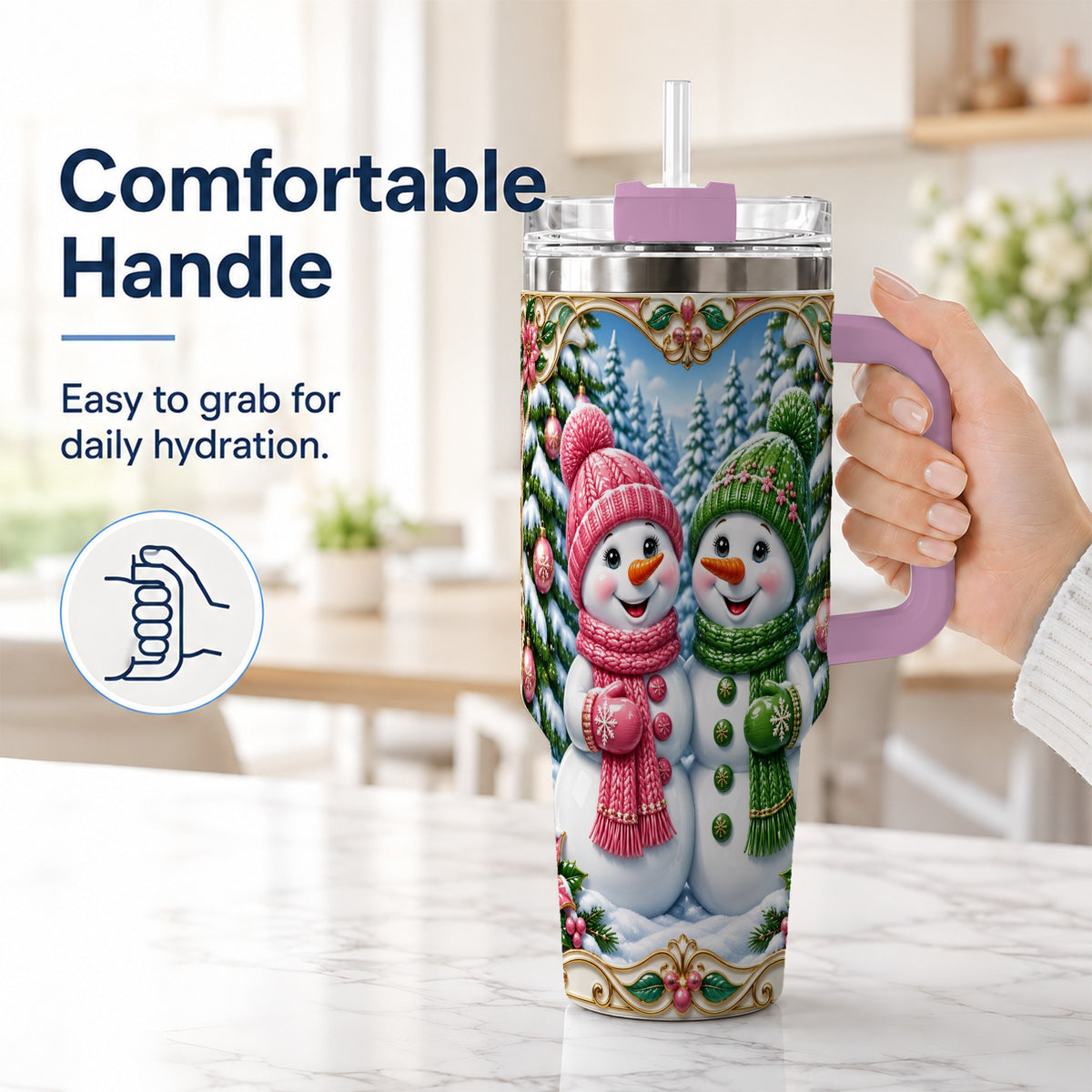 #pl[40oz|Pink] Snowman Couple 40oz Tumbler with Handle, Festive Winter Travel Cup
