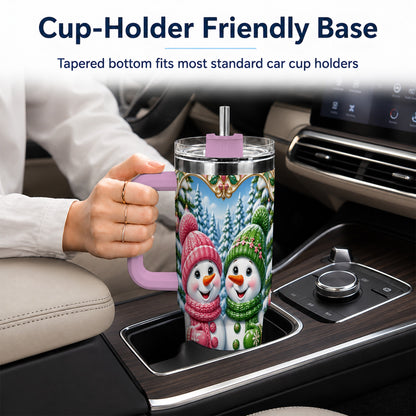 #pl[40oz|Pink] Snowman Couple 40oz Tumbler with Handle, Festive Winter Travel Cup