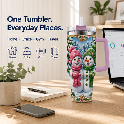 #pl[40oz|Pink] Snowman Couple 40oz Tumbler with Handle, Festive Winter Travel Cup