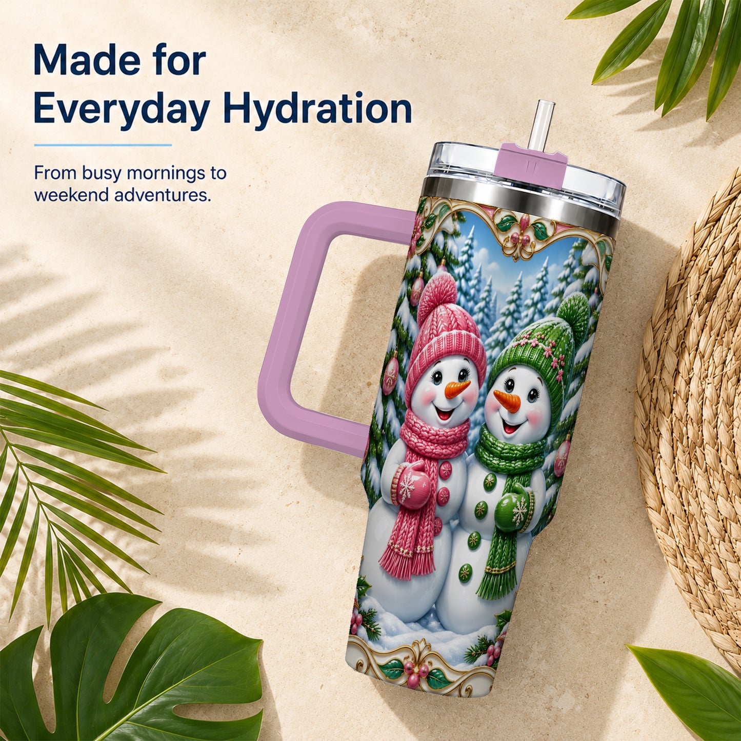#pl[40oz|Pink] Snowman Couple 40oz Tumbler with Handle, Festive Winter Travel Cup