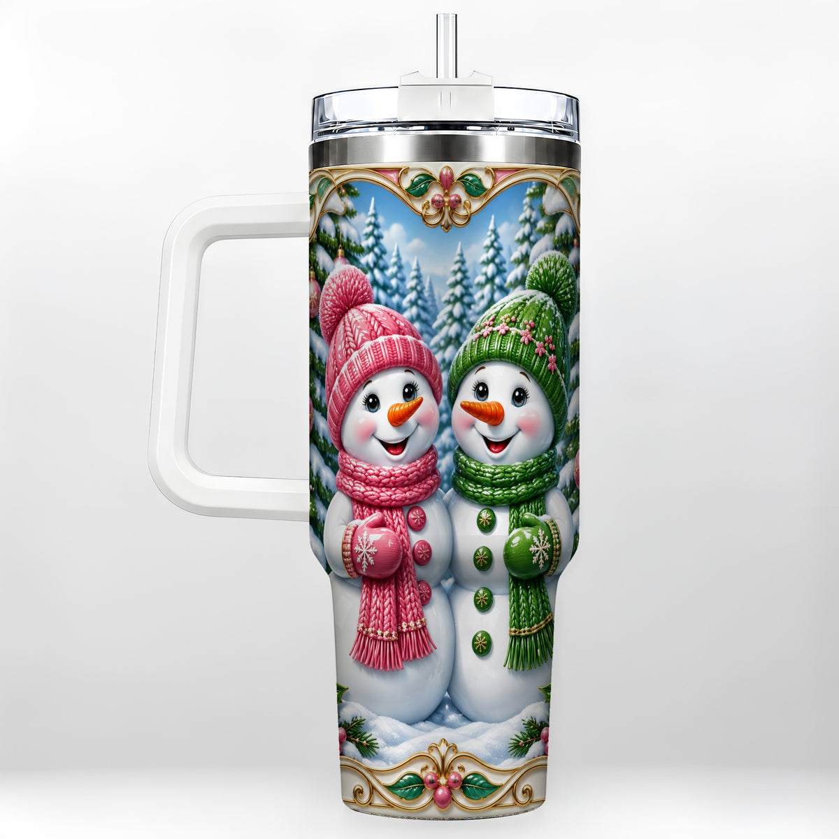 Snowman Couple 40oz Tumbler with Handle, Festive Winter Travel Cup