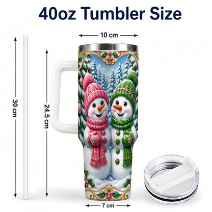 #pl[40oz|White] Snowman Couple 40oz Tumbler with Handle, Festive Winter Travel Cup