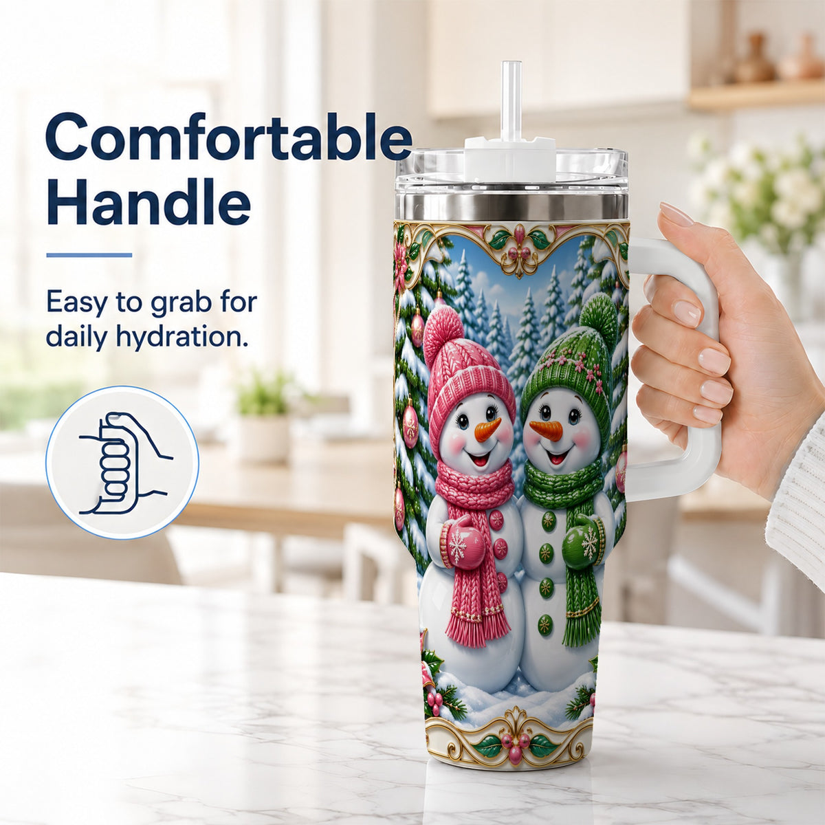 #pl[40oz|White] Snowman Couple 40oz Tumbler with Handle, Festive Winter Travel Cup