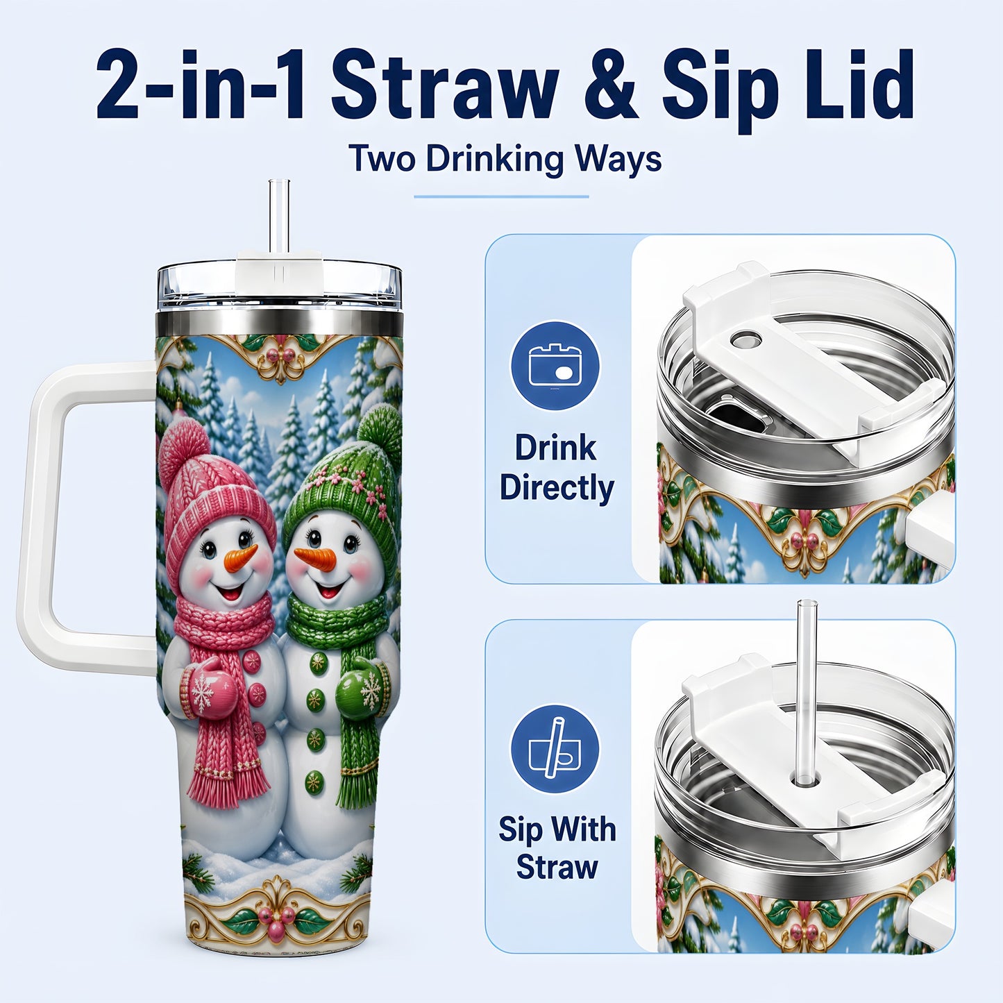 #pl[40oz|White] Snowman Couple 40oz Tumbler with Handle, Festive Winter Travel Cup