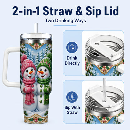 #pl[40oz|White] Snowman Couple 40oz Tumbler with Handle, Festive Winter Travel Cup