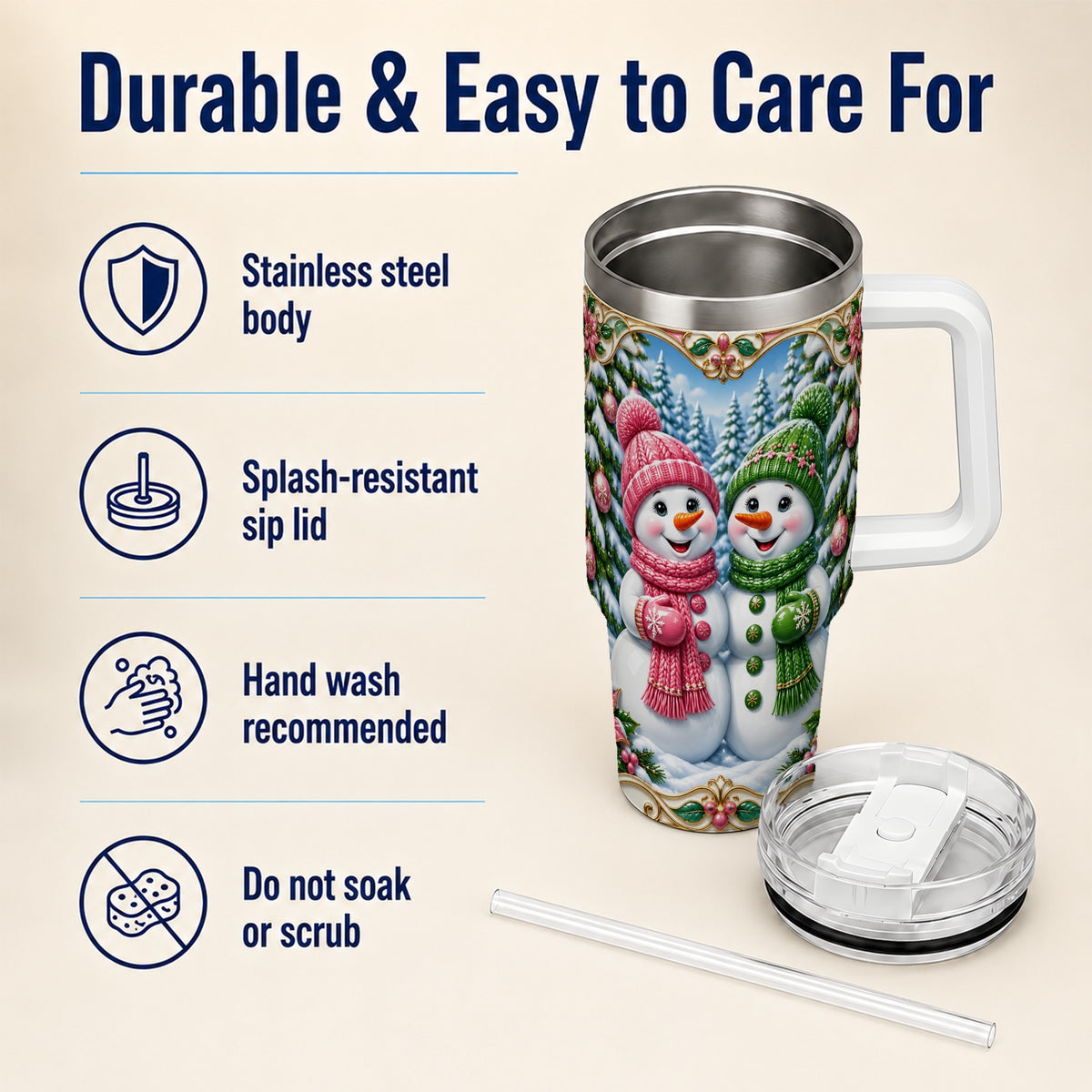 #pl[40oz|White] Snowman Couple 40oz Tumbler with Handle, Festive Winter Travel Cup