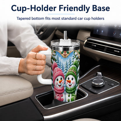 #pl[40oz|White] Snowman Couple 40oz Tumbler with Handle, Festive Winter Travel Cup