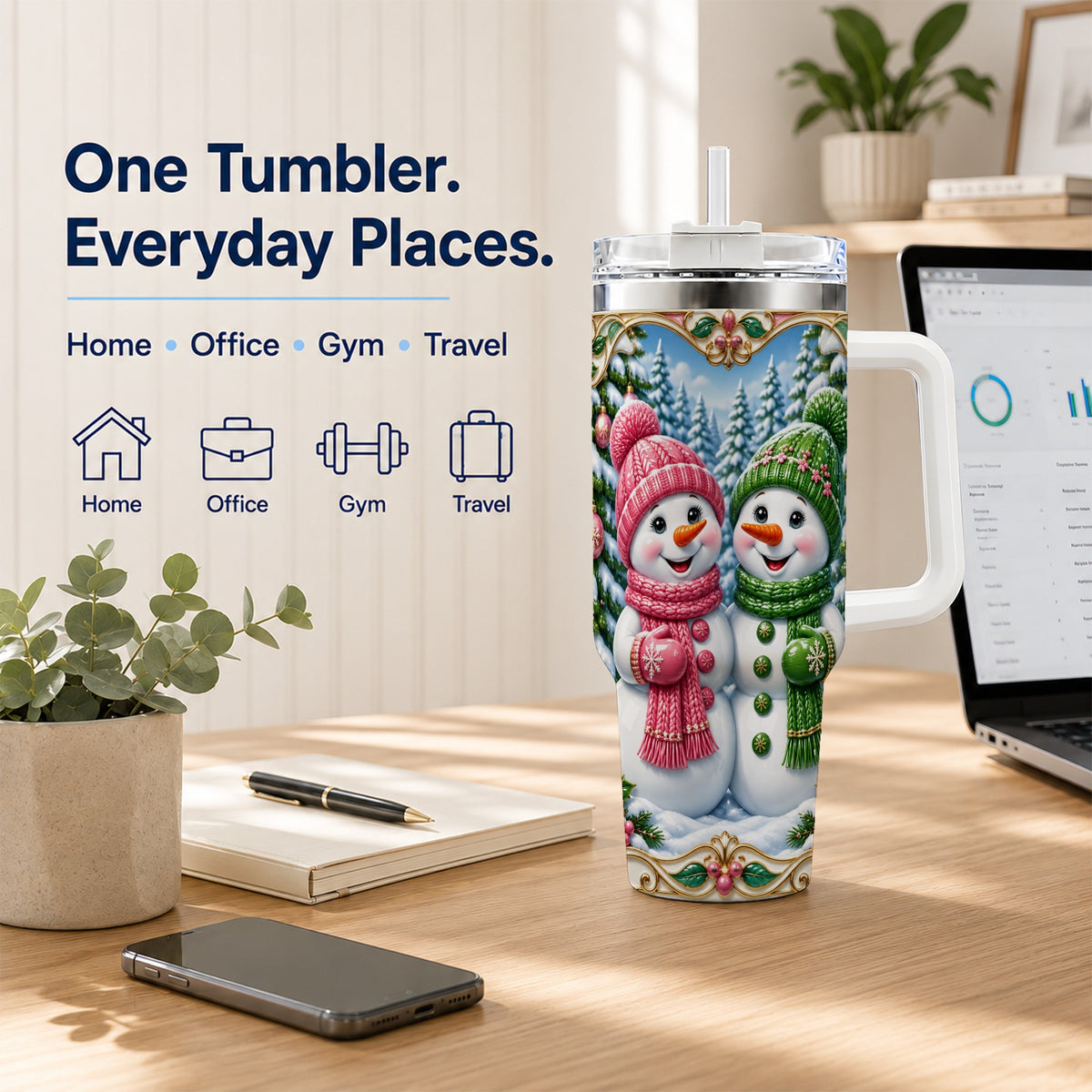 #pl[40oz|White] Snowman Couple 40oz Tumbler with Handle, Festive Winter Travel Cup