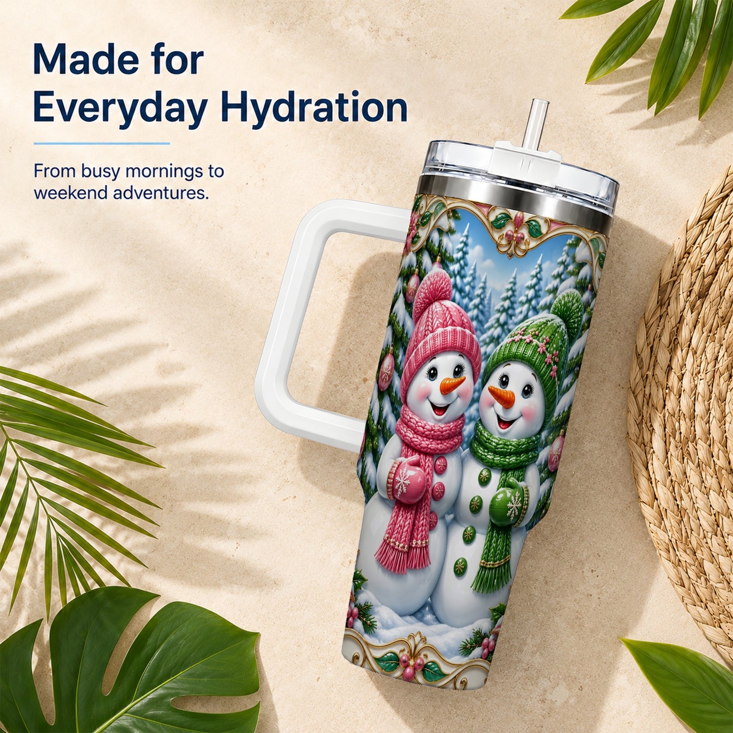 #pl[40oz|White] Snowman Couple 40oz Tumbler with Handle, Festive Winter Travel Cup