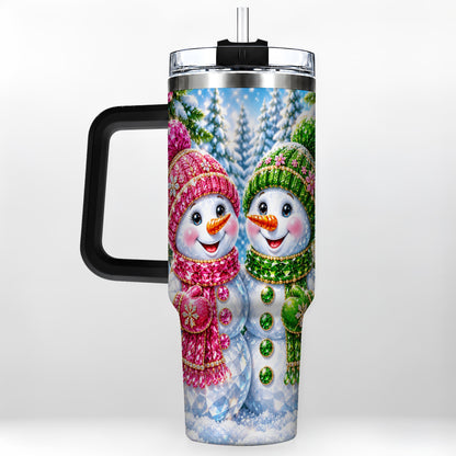 #pl[40oz|Black] Jeweled Snowman 40oz Tumbler with Handle, Crystal Winter Travel Cup