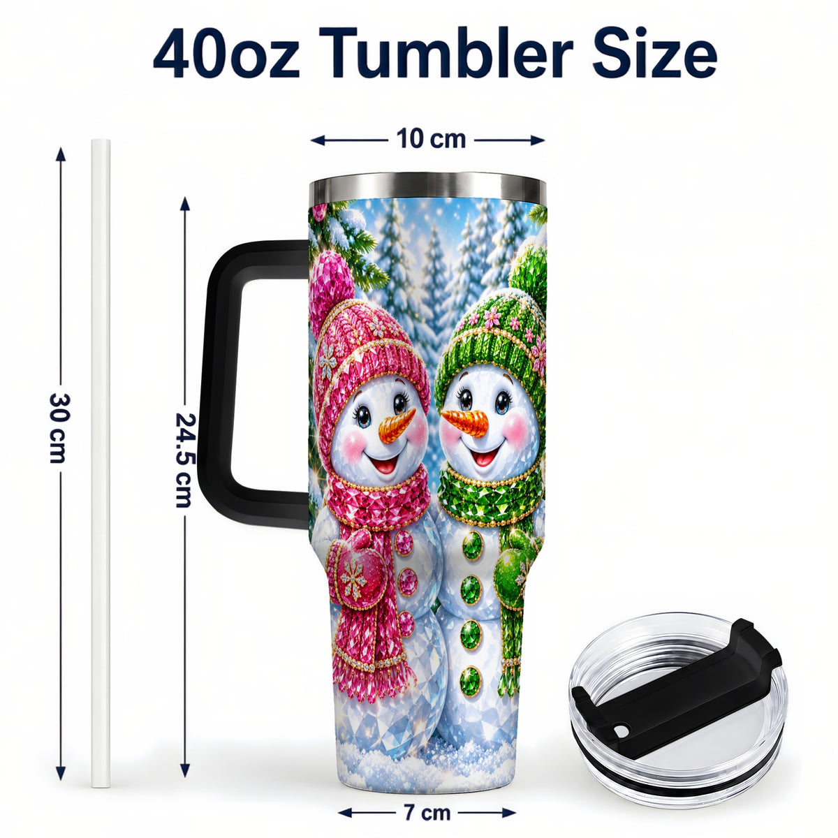 #pl[40oz|Black] Jeweled Snowman 40oz Tumbler with Handle, Crystal Winter Travel Cup