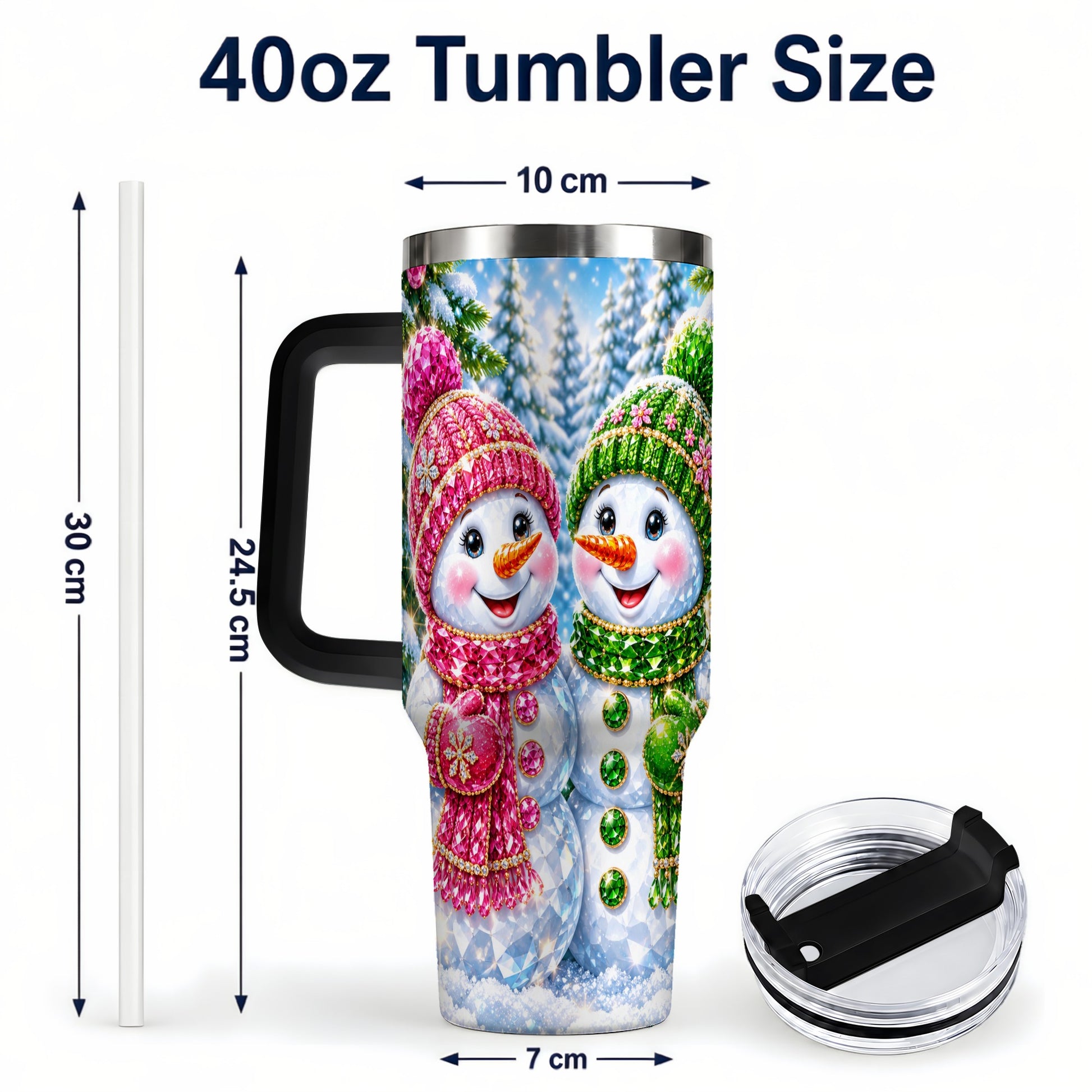 #pl[40oz|Black] Jeweled Snowman 40oz Tumbler with Handle, Crystal Winter Travel Cup