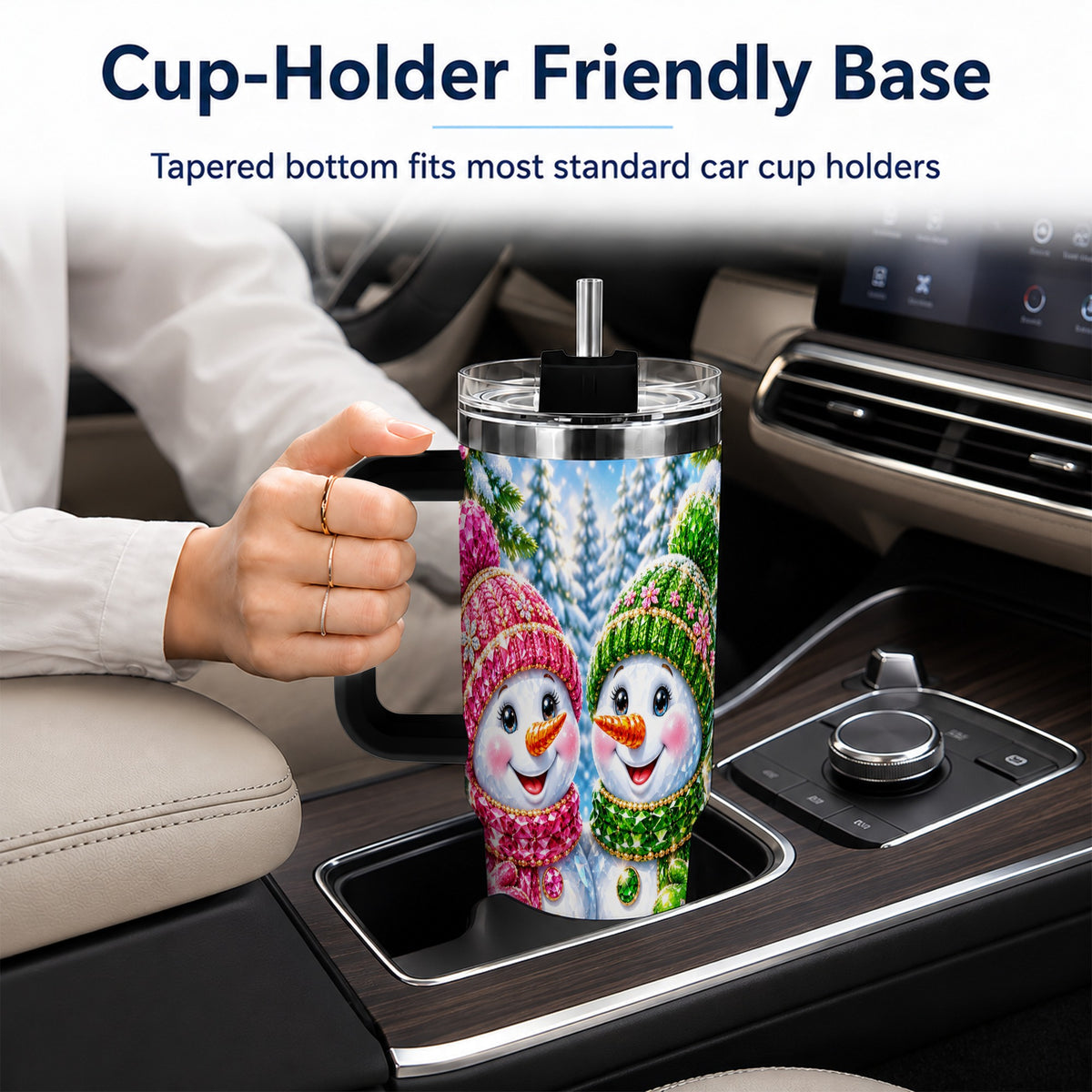 #pl[40oz|Black] Jeweled Snowman 40oz Tumbler with Handle, Crystal Winter Travel Cup