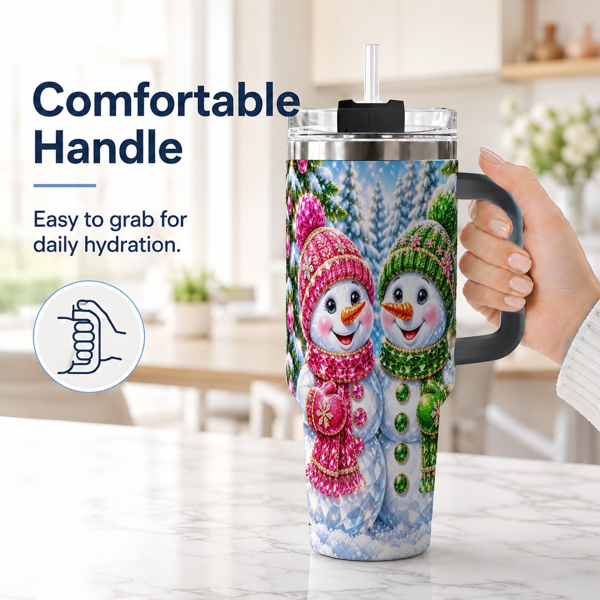 #pl[40oz|Black] Jeweled Snowman 40oz Tumbler with Handle, Crystal Winter Travel Cup
