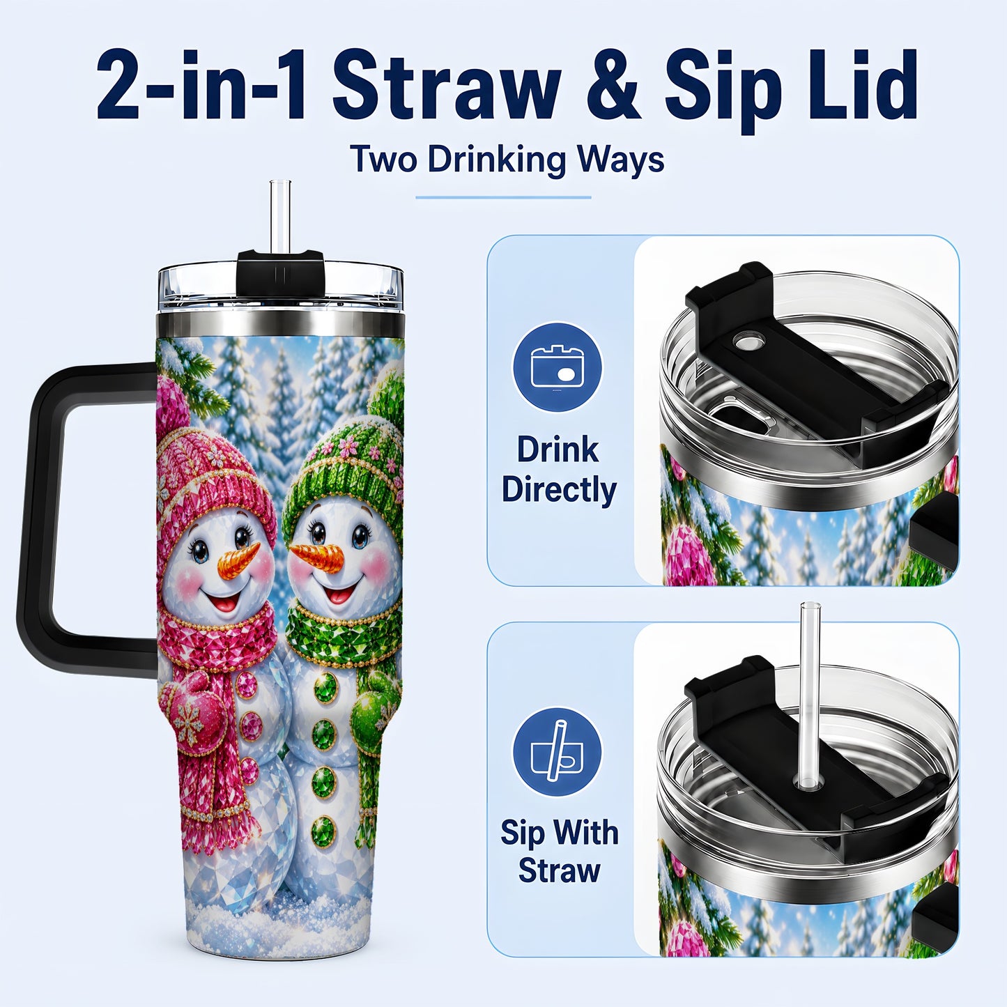 #pl[40oz|Black] Jeweled Snowman 40oz Tumbler with Handle, Crystal Winter Travel Cup
